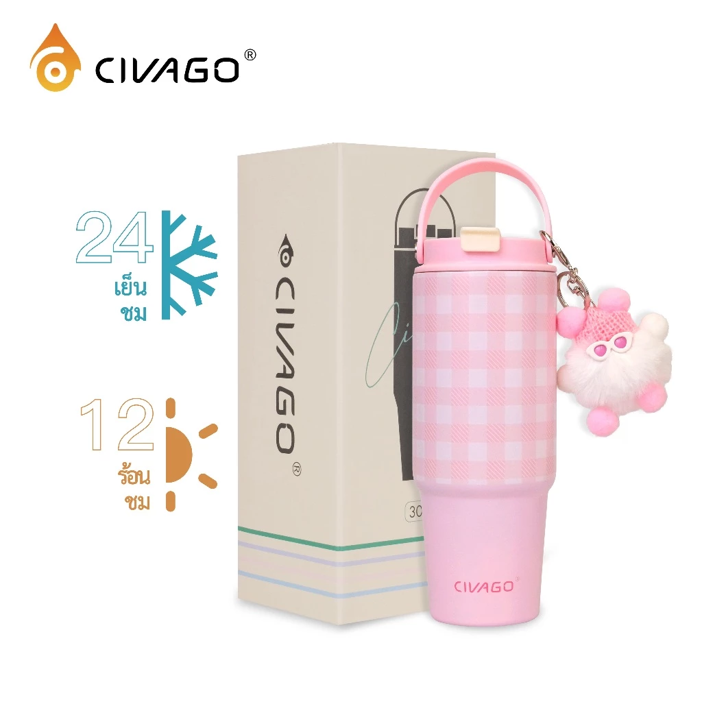 CIVAGO （30oz/900ml）แก้วเก็บความร้อนแบบมีหลอดสำหรับเด็กผู้หญิงแก้วมีความจุขนาดใหญ่ สเตนเลส แก้วน้ำเย็นจัด