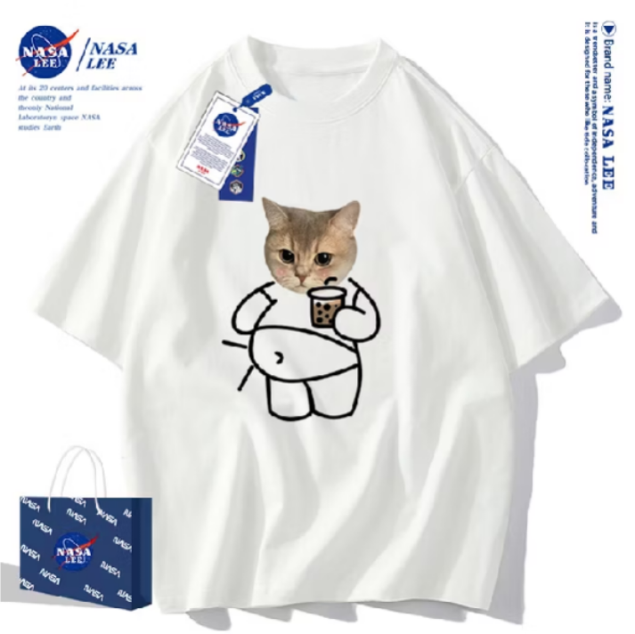 เสื้อยืดแขนสั้นผ้าฝ้ายคอตตอนลาย NASA รุ่นใหม่สำหรับฤดูร้อน 2024 แบบหลวมและระบายอากาศได้ดี