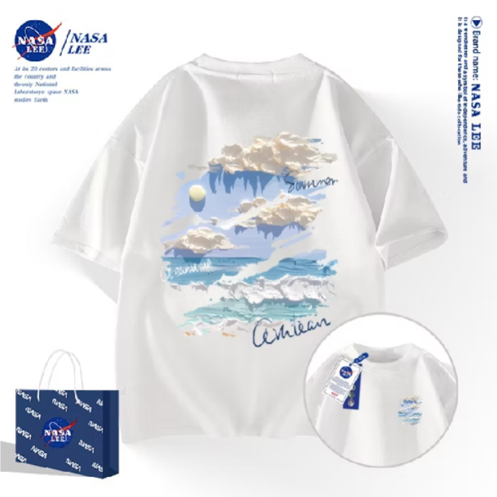 NASA เสื้อยืดแขนสั้น 100% คอตตอนสไตล์อเมริกัน สำหรับผู้ชายและผู้หญิง เสื้อดีไซน์ต้นฉบับลายเมฆ